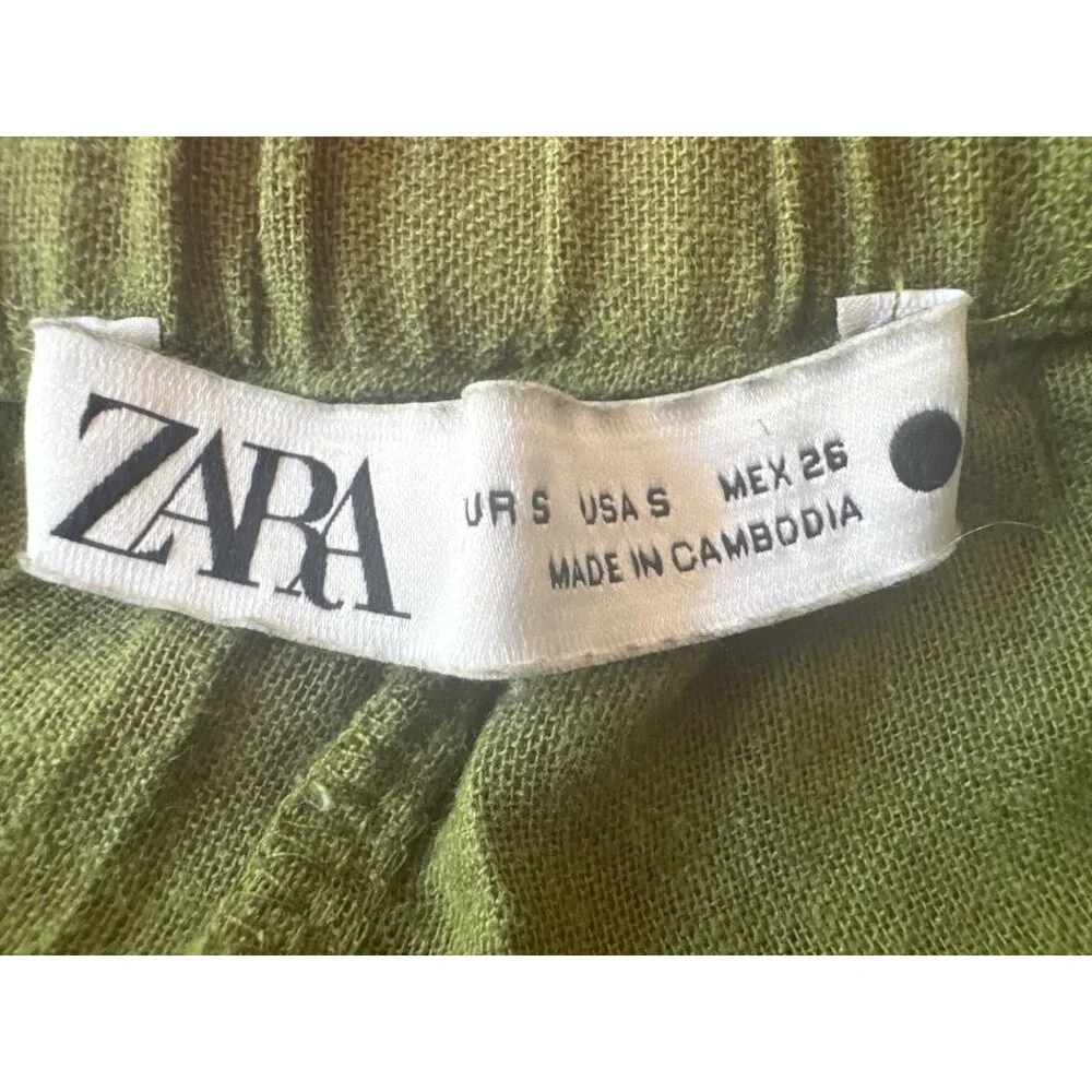 2/$30 ZARA Size Small Linen-Blend Crease Effect Pants Green Elastic Waist